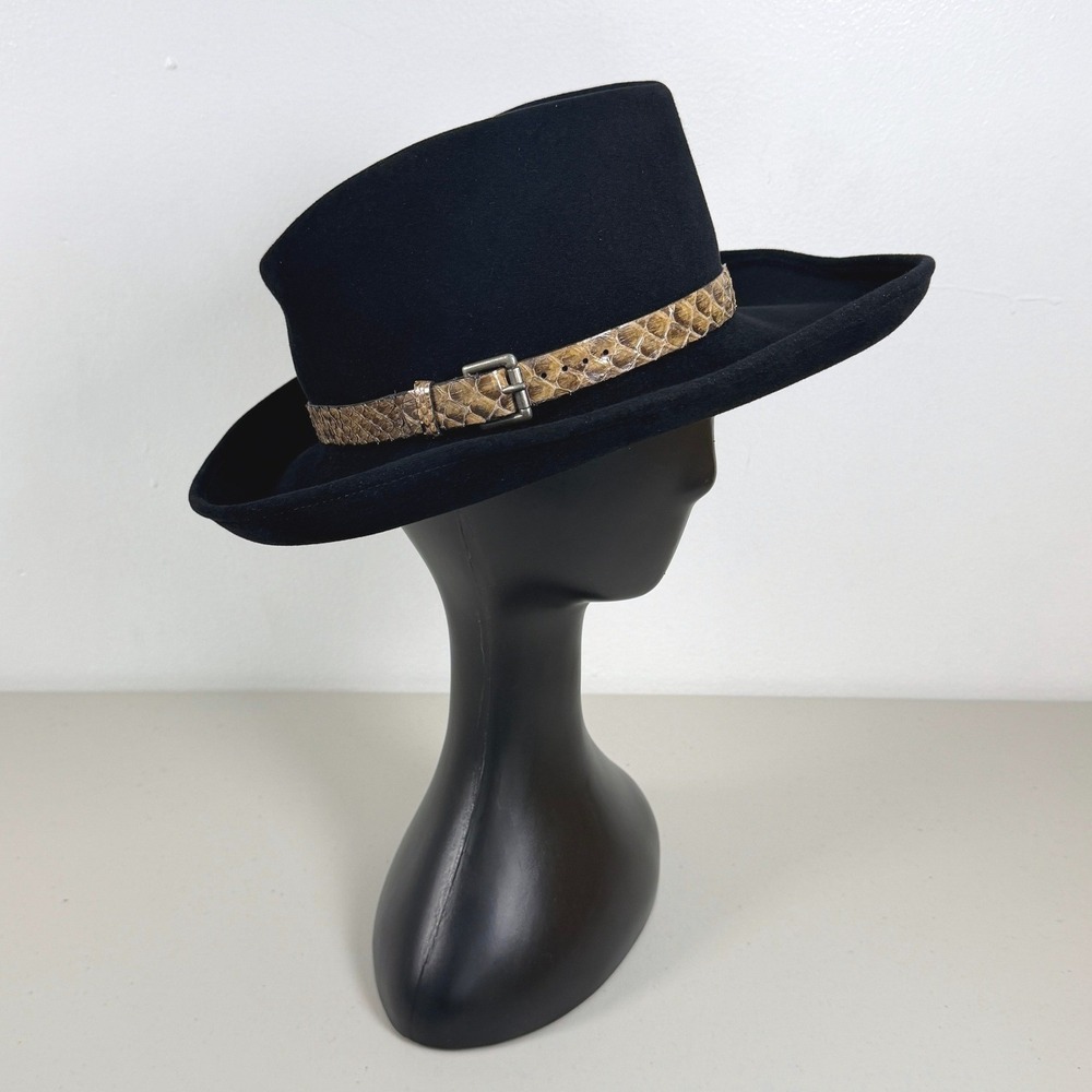 Eric Javits Black Felt Fedora Hat‎ Genuine Python Band Buckle - Picture 1 of 9